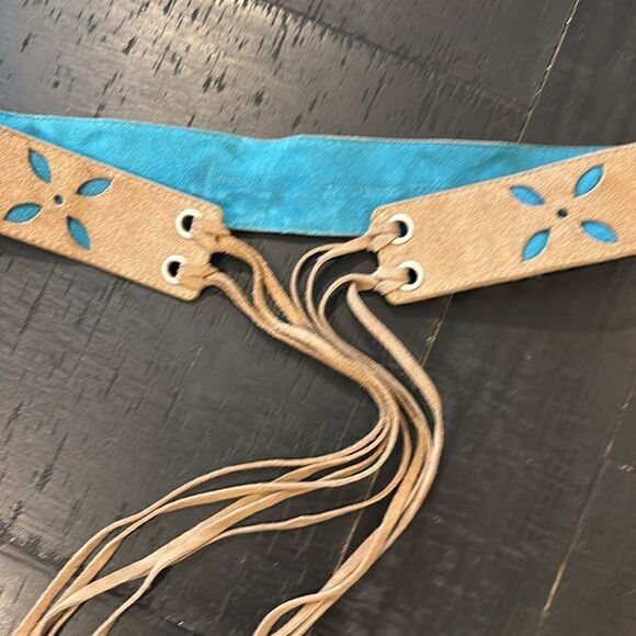 Vintage Tassel Genuine Leather Perforated Tan Brown Turquoise Western Boho Belt  main image 7